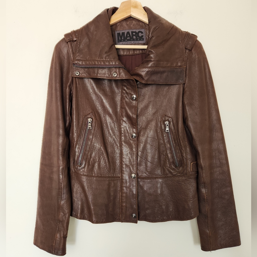 Marc New York Andrew Marc Brown Leather Funnel High Collar Jacket - Picture 9 of 15